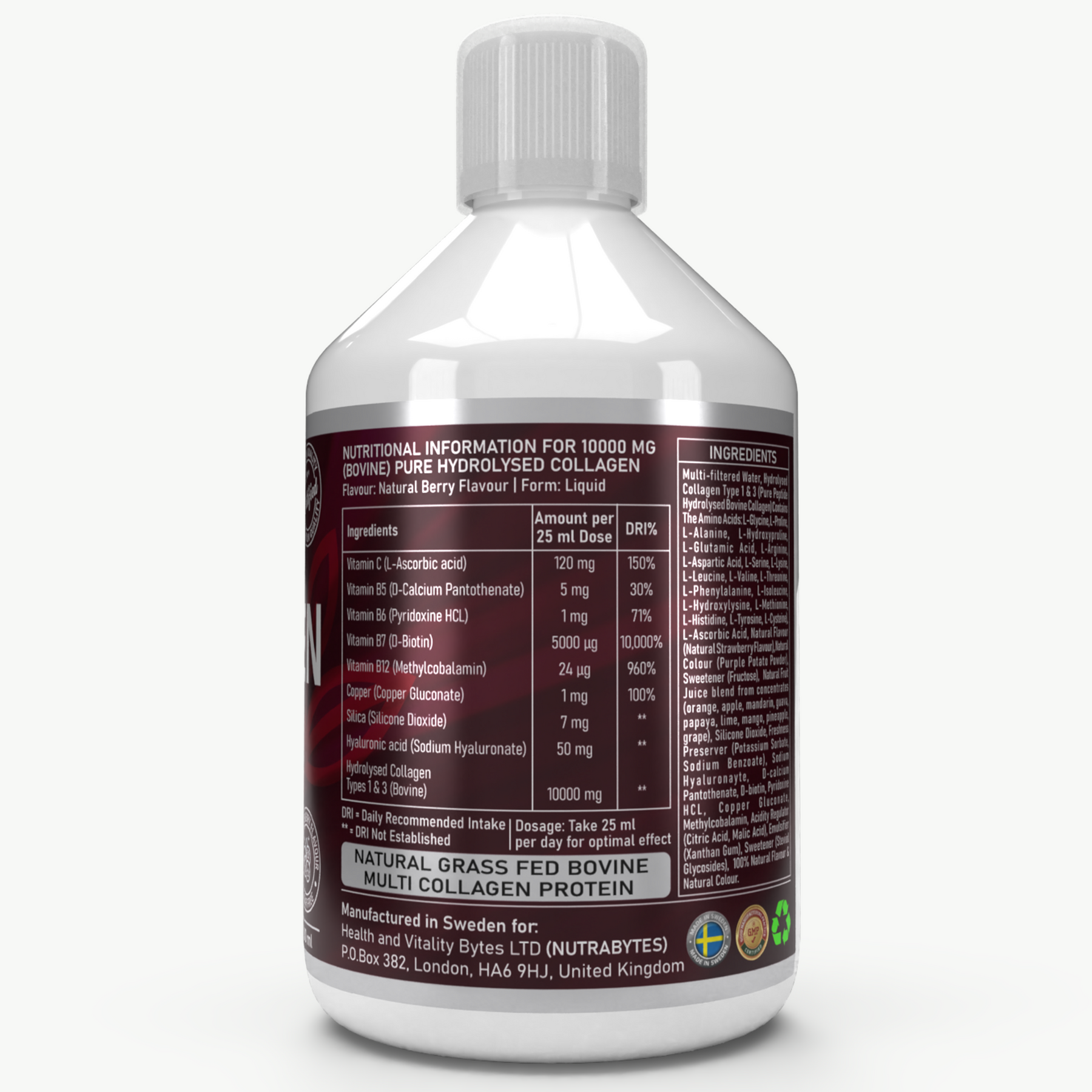 Colágeno líquido 10 000 mg con ácido hialurónico (50 mg) y biotina (5000 μg), 19 aminoácidos, sabor a bayas (tipos de colágeno 1 y 3)