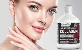 This image shows a close up image of a lady and a bottle of nutrabytes hugh strength bovine collagen 10,000 MG supplements