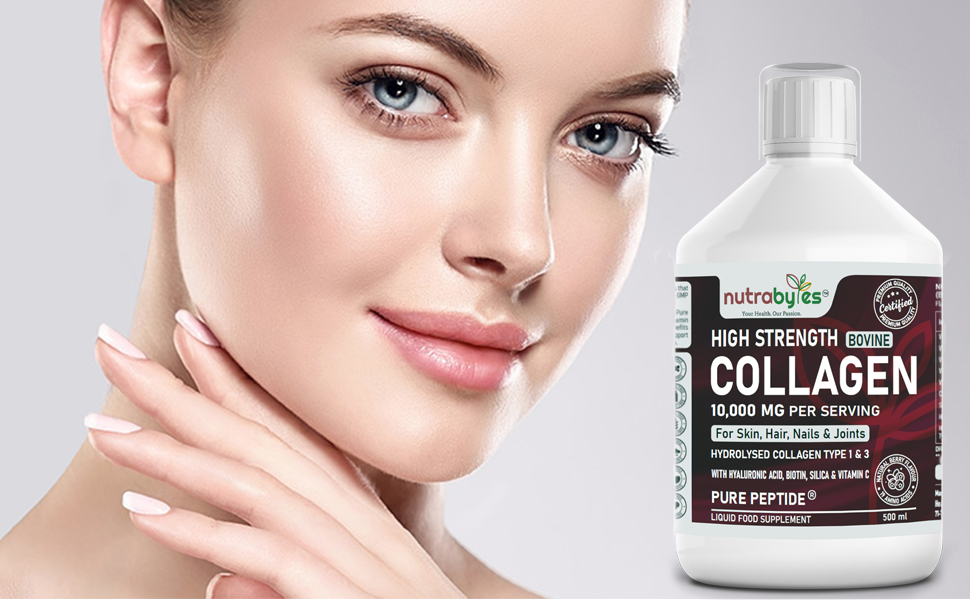 This image shows a close up image of a lady and a bottle of nutrabytes hugh strength bovine collagen 10,000 MG supplements