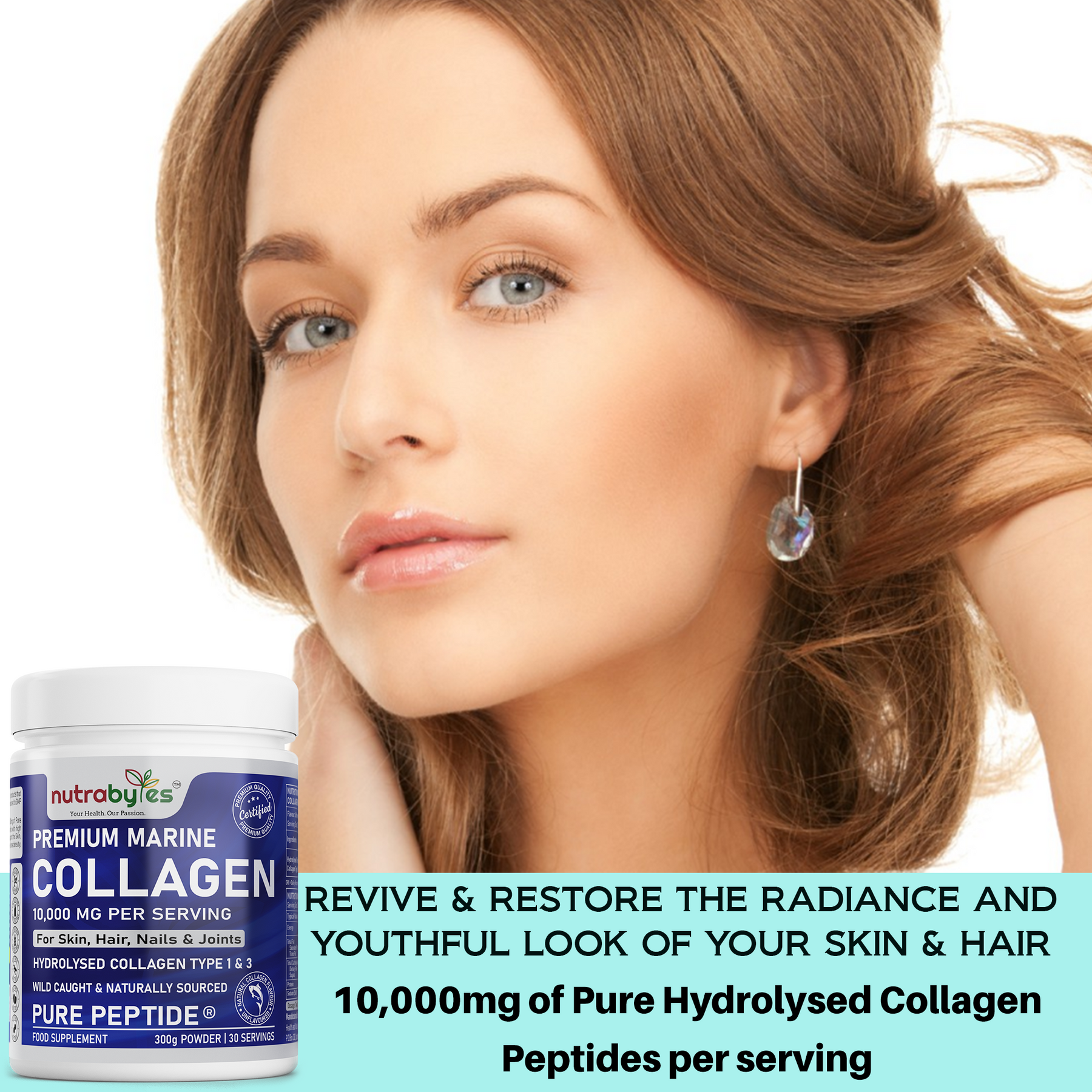 This image shows a lady flaunting her hair and a bottle of premium marine collagen supplemts 