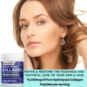 This image shows a lady flaunting her hair and a bottle of premium marine collagen supplemts 