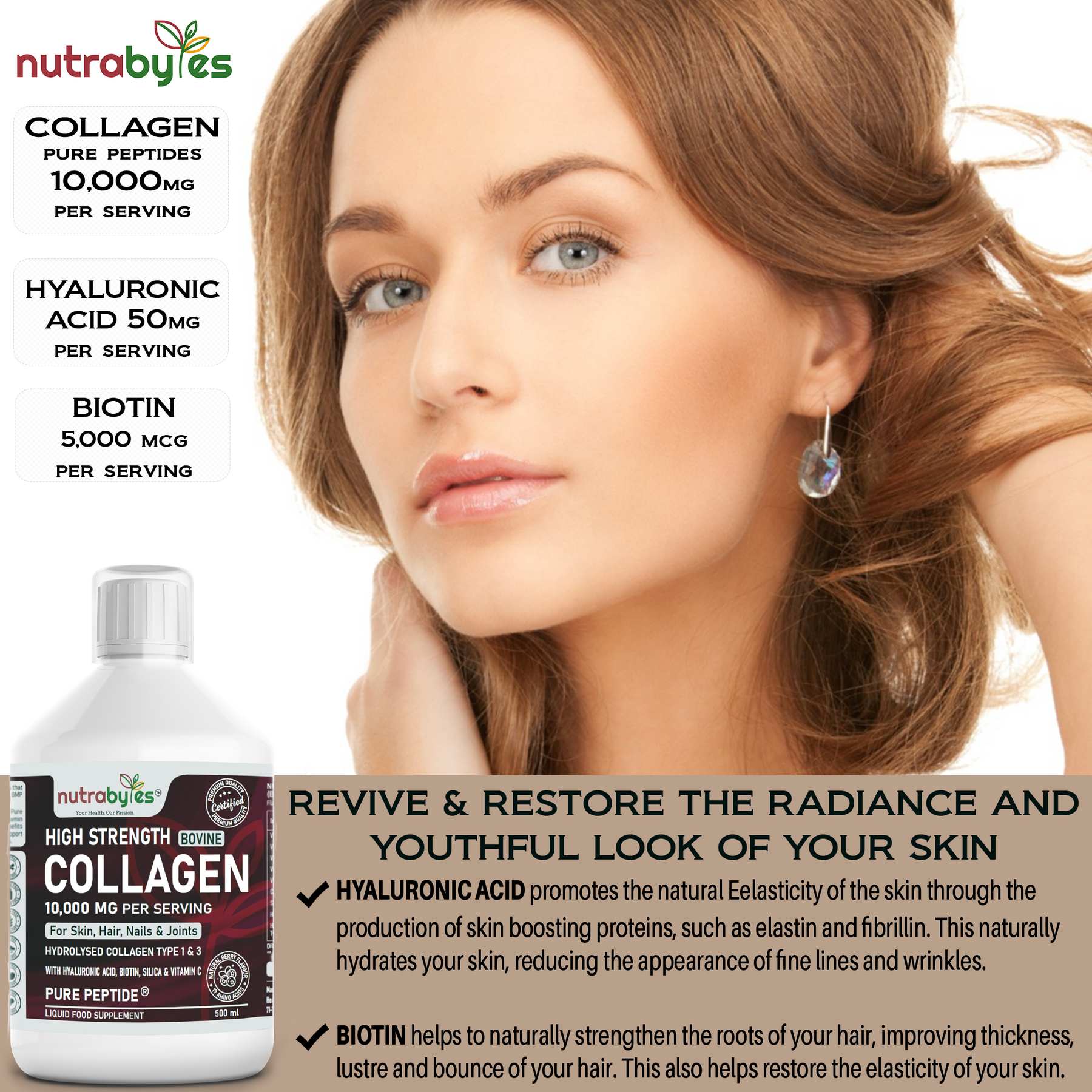This image shows a beautiful lady and a bottle of a High Strength Bovine Collagen Supplements.