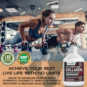 This image shows a couple in gym doing pushups and a bottle of bovine collagen supplements. 
