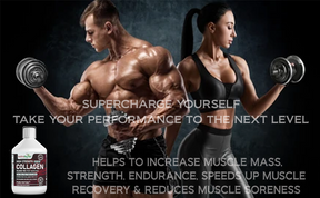 This image shows a couple body builder and a bottle of hugh strength bovine collagen supplements.