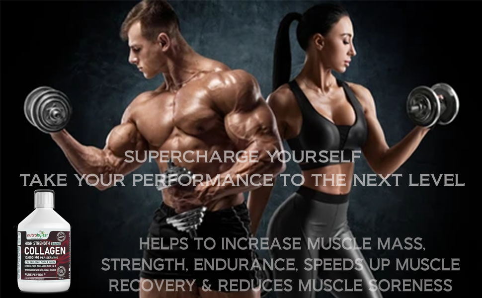 This image shows a couple body builder and a bottle of hugh strength bovine collagen supplements.