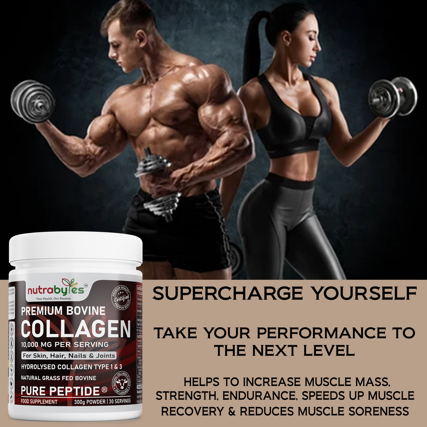 Bovine Collagen Protein Powder 10,000mg Pure Hydrolysed Peptides, 19 Amino Acids, Unflavoured (Collagen Types 1 and 3)
