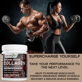 This image shows a couple weight lifting and a bottle of premium bovine collagen supplements