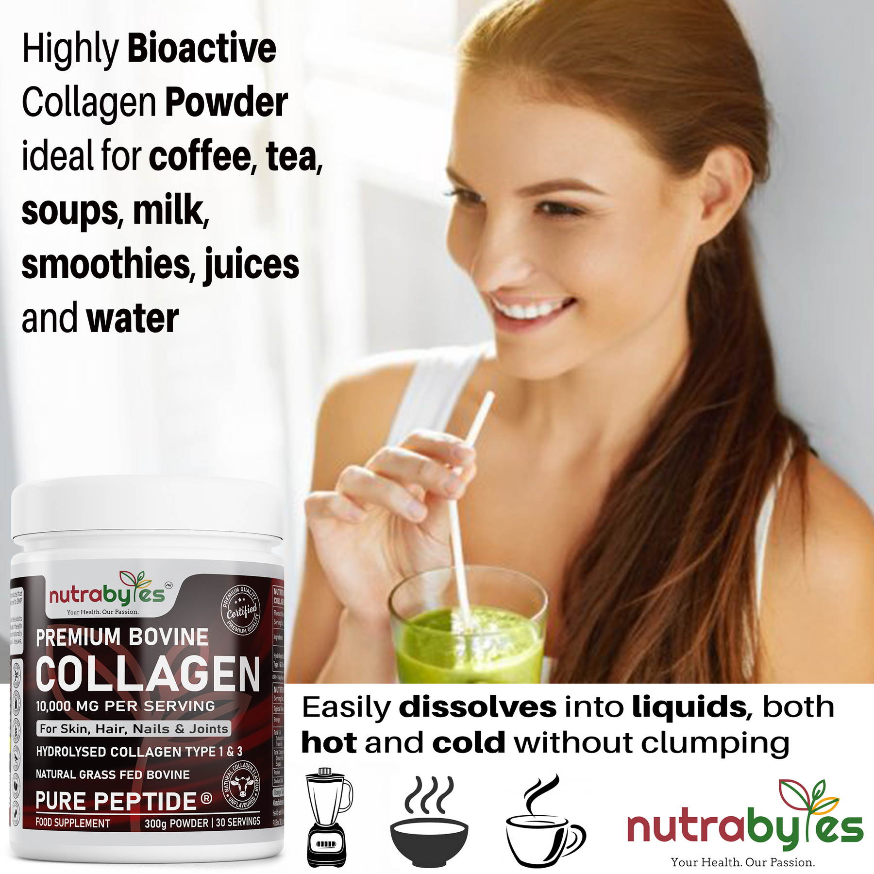 This image shows a lady having a juice and it shows a  bottle of premium bovine collagen supplements.