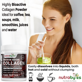 This image shows a lady having a juice and it shows a  bottle of premium bovine collagen supplements.