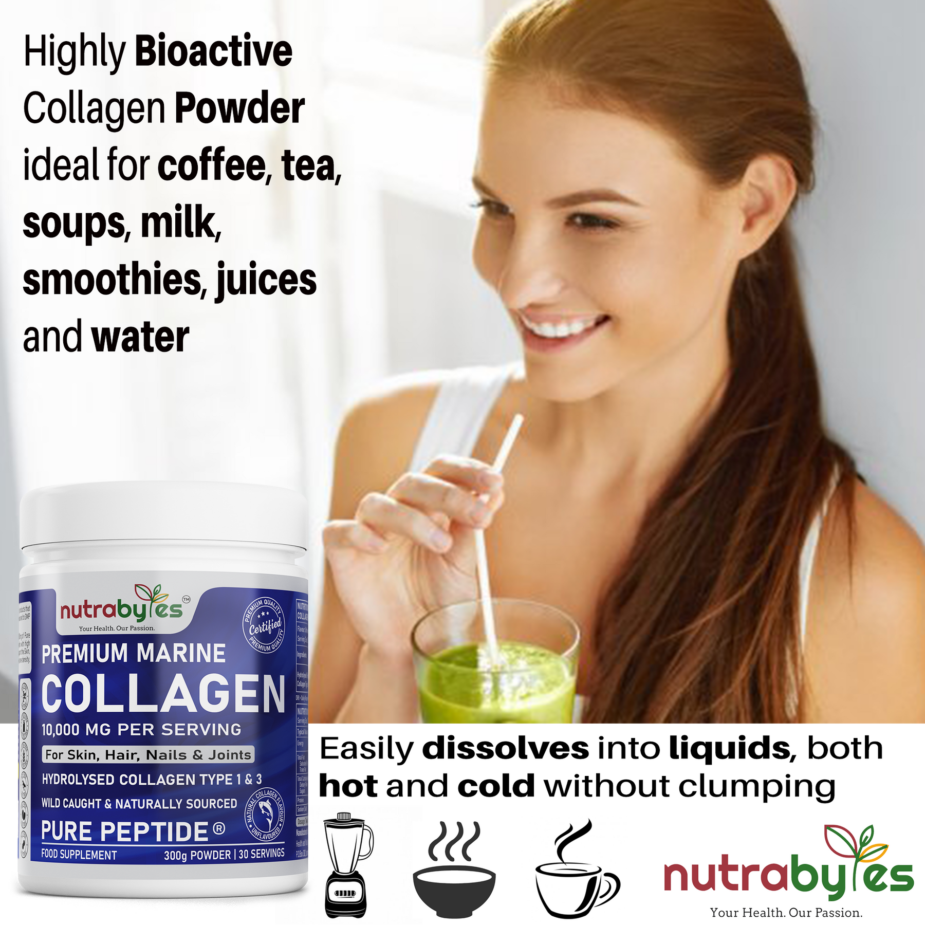This image shows a lady sipping a soup through a straw - Marine Collagen Supplement.