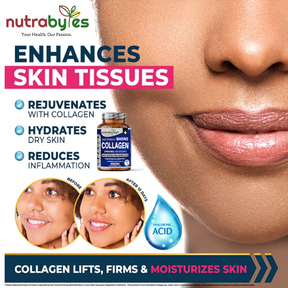 This image shows a close up image of a lips of a lady and also shows the advantages of using marine collagen supplements. 