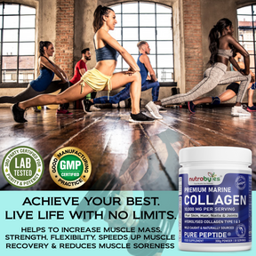 This image shows a group of people practising yoga and a bottle of marine collagen at the bottom of the picture.