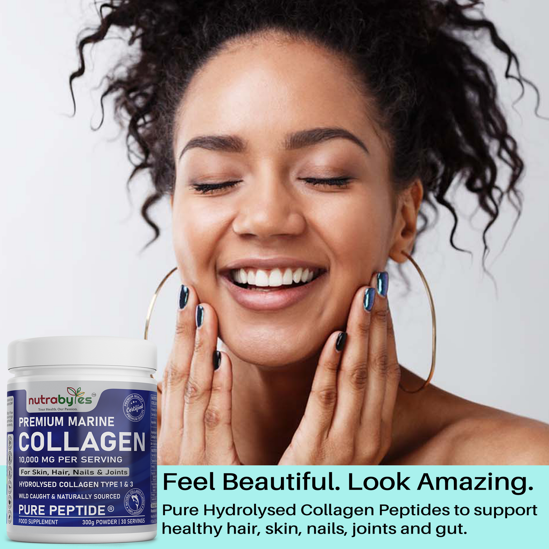 This image shows a lady smiling and a bottle of Premium Marine Collagen Supplements bottle. 