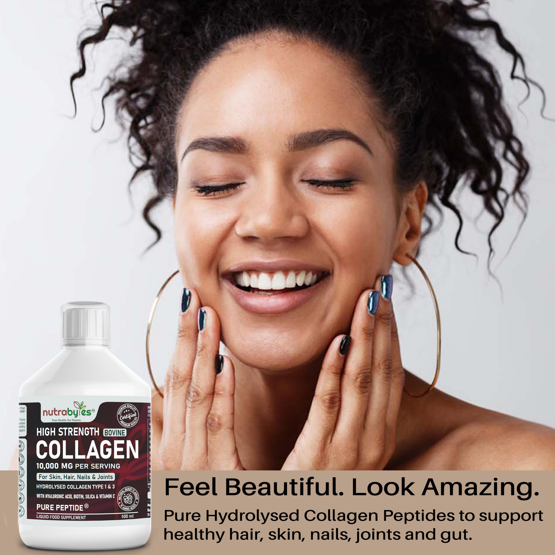 this image shows a close up of a girl smiling with her two palms touching her cheeks and a bottle of high strength bovine collagen supplements.