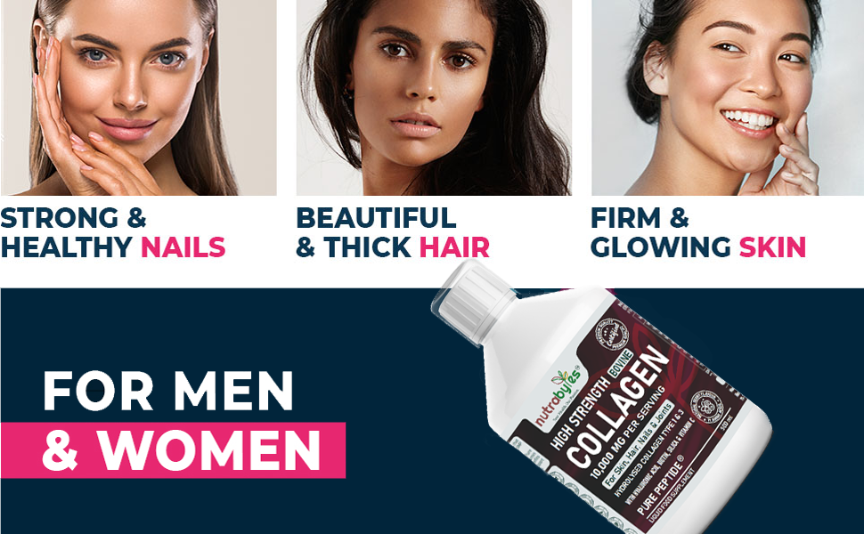 This image shows three lady flaunting their hair, nails and skins and a bottle of plastic container containing hugh strength bovine collagen supplements