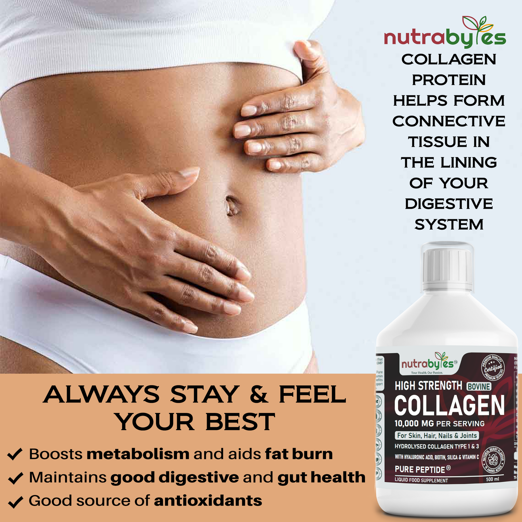 This image shows a lady holding her belly and also this picture lists the benefits of high strength bovine collagen supplements.