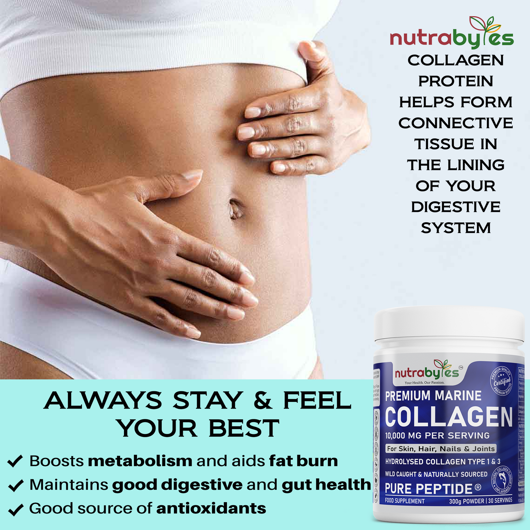 This image shows a lady keeping her hands on her belly and a bottle of Premium Marine Collagen at the bottom of the picture.