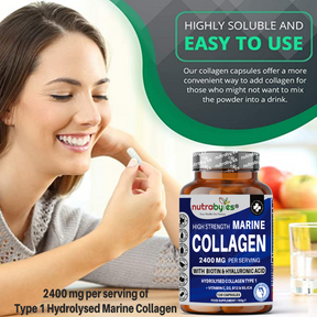 This image shows the benefits of using supplements and it also shows a bottle of high strength marine collagen supplements.