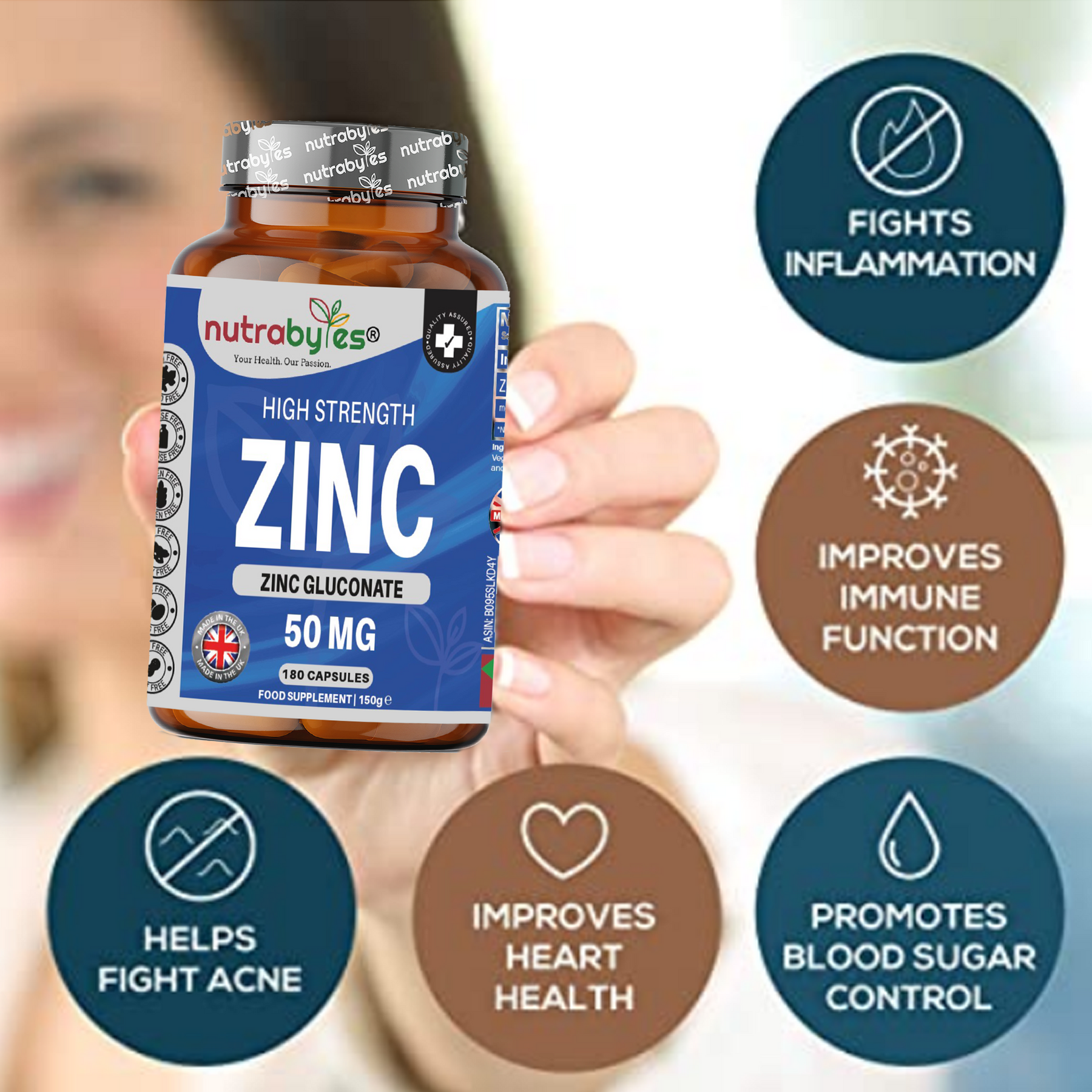 Zinc (Gluconate) 50mg | 180 Vegan Capsules | 6 Months Supply | Maximum Strength, Pure Zinc Capsules | Immune, Eye & Skin Health | Made in the UK