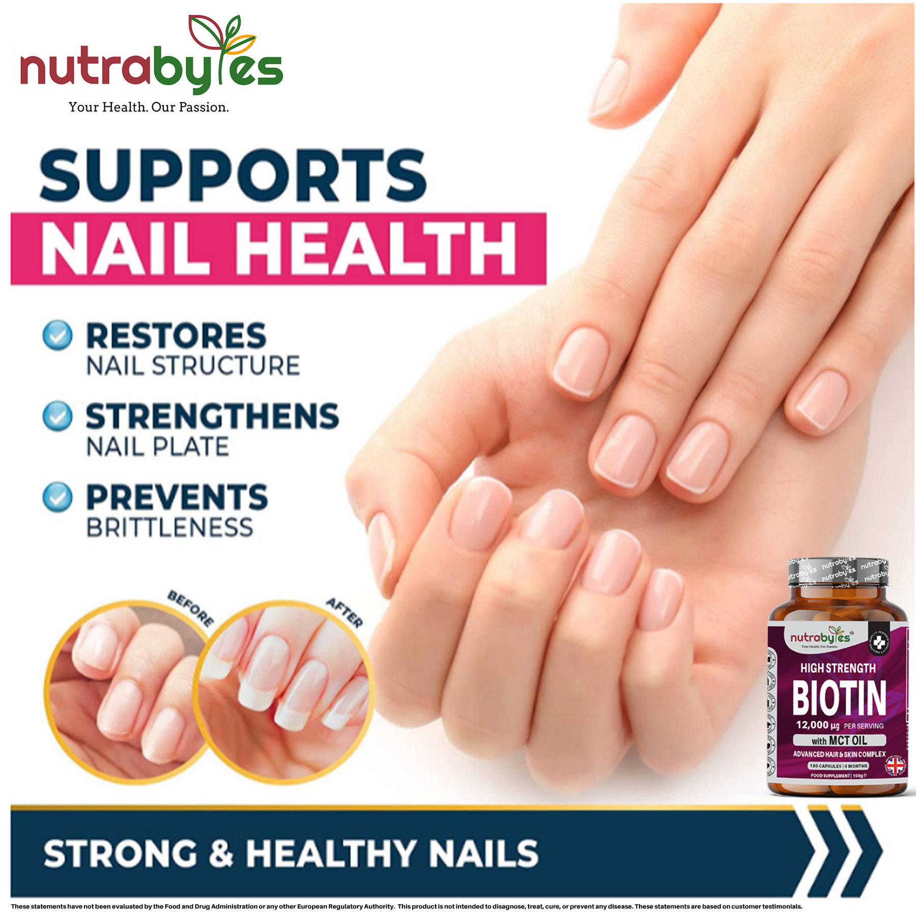 This picture describes how biotin supplements supports nail health with an image of nails.