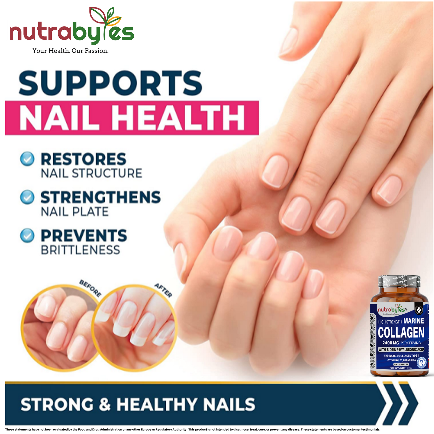 This image describing the advantages for using supplements as it supports nail health