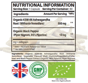 Organic Ashwagandha KSM-66 ® 500mg Per Serving, Certified Organic by Soil Association |  Made in the UK