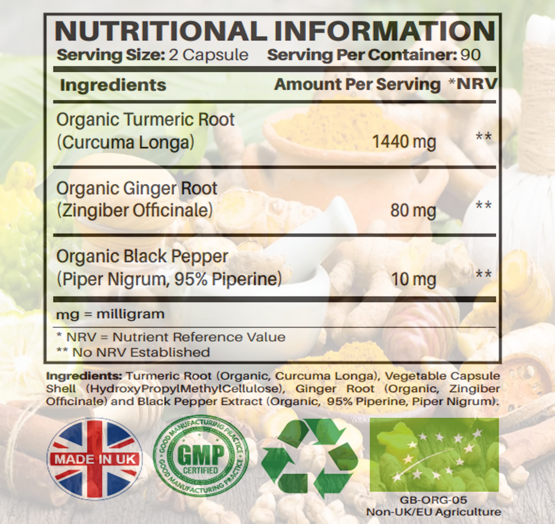 Curcumina de cúrcuma orgánica con jengibre y pimienta negra, 1530 mg, certificado orgánico por Soil Association