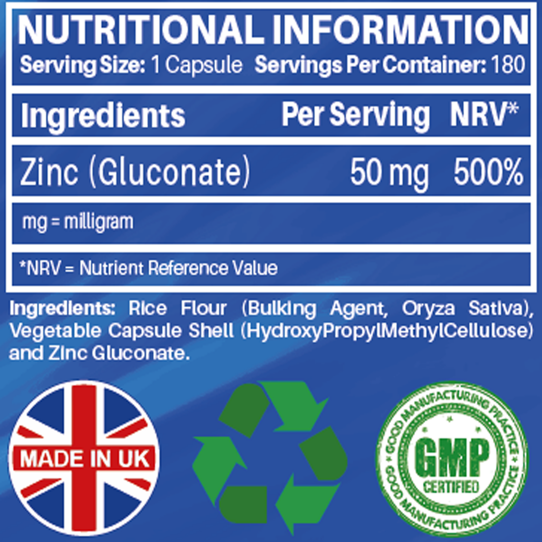Zinc (Gluconate) 50mg | 180 Vegan Capsules | 6 Months Supply | Maximum Strength, Pure Zinc Capsules | Immune, Eye & Skin Health | Made in the UK
