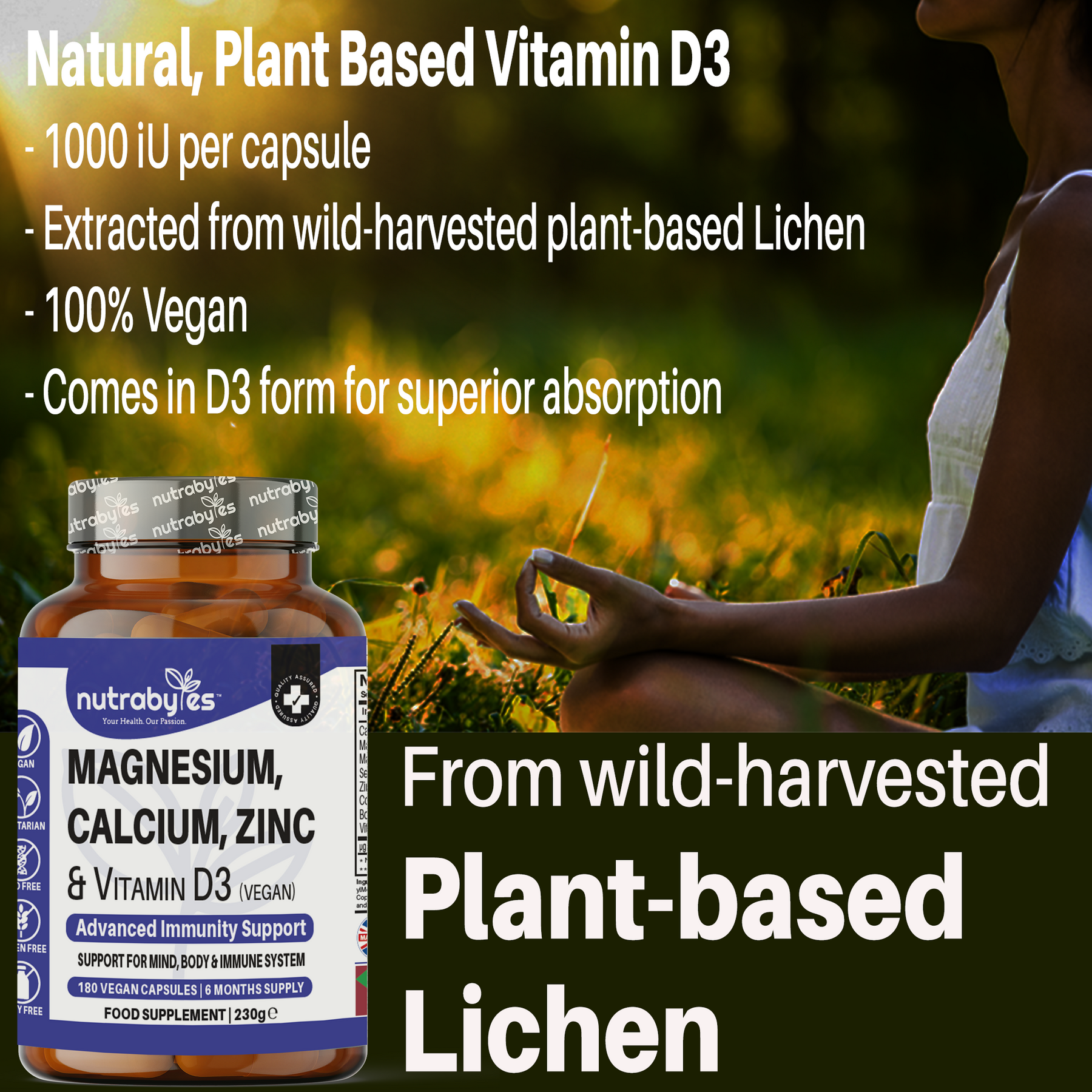 This image shows all the benefits of using Magnesium Calcium, Zinc & Vitamin D3 (vegan) supplement. 