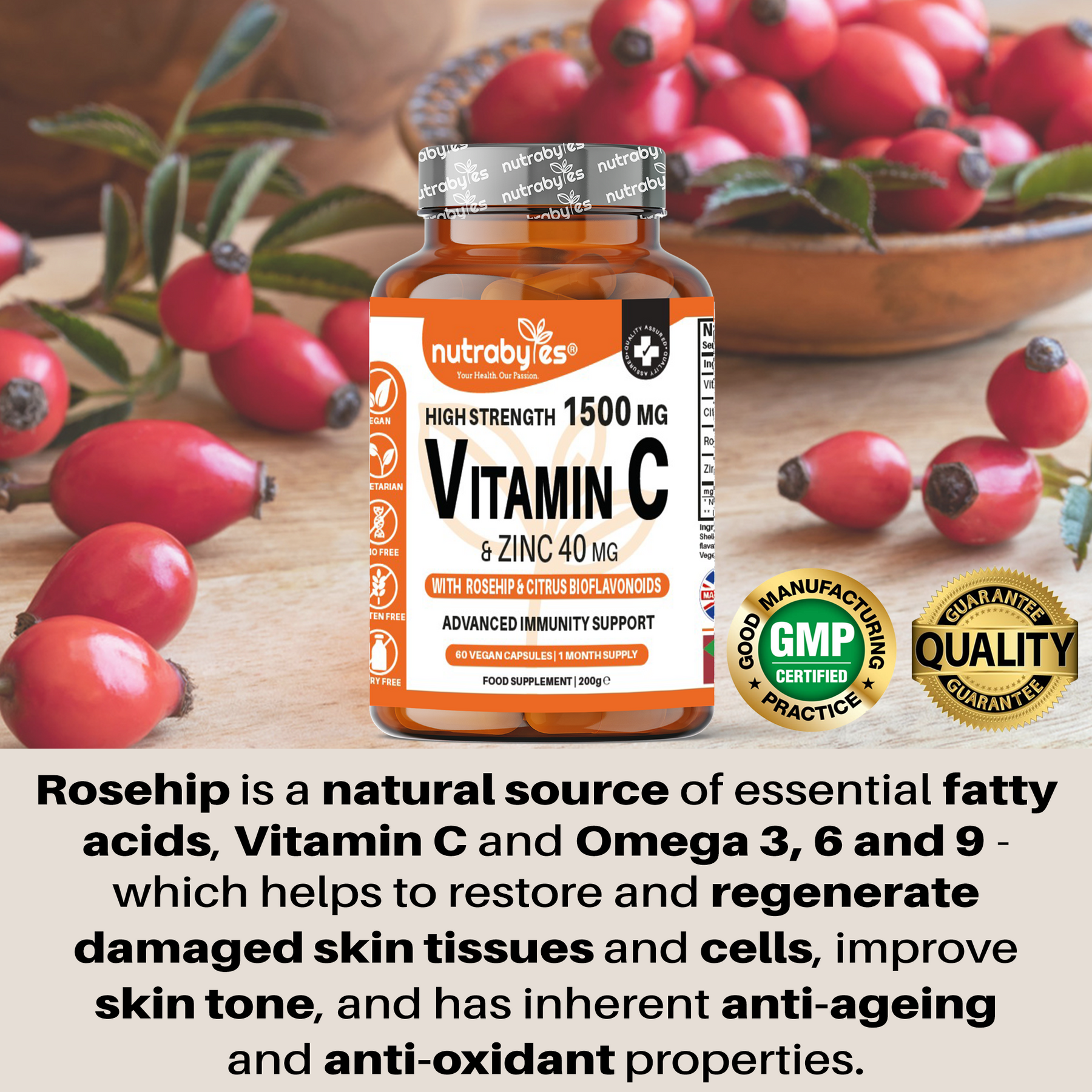 ﻿High-Strength Vitamin C and Zinc Capsules | Vitamin C 1500mg Zinc 40mg | Enhanced with Rose Hip and Citrus Bioflavonoids | 1 Month Supply | Made in the UK