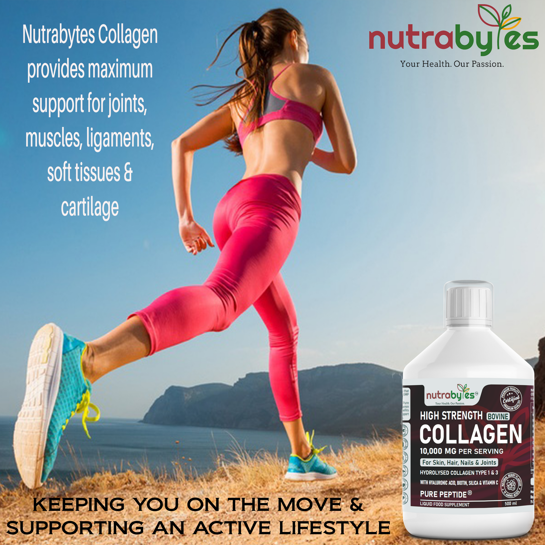 This image shows a lady running and a bottle of high strength bovine collagen 10,000 MG per serving for skin, hair, nails and joints.