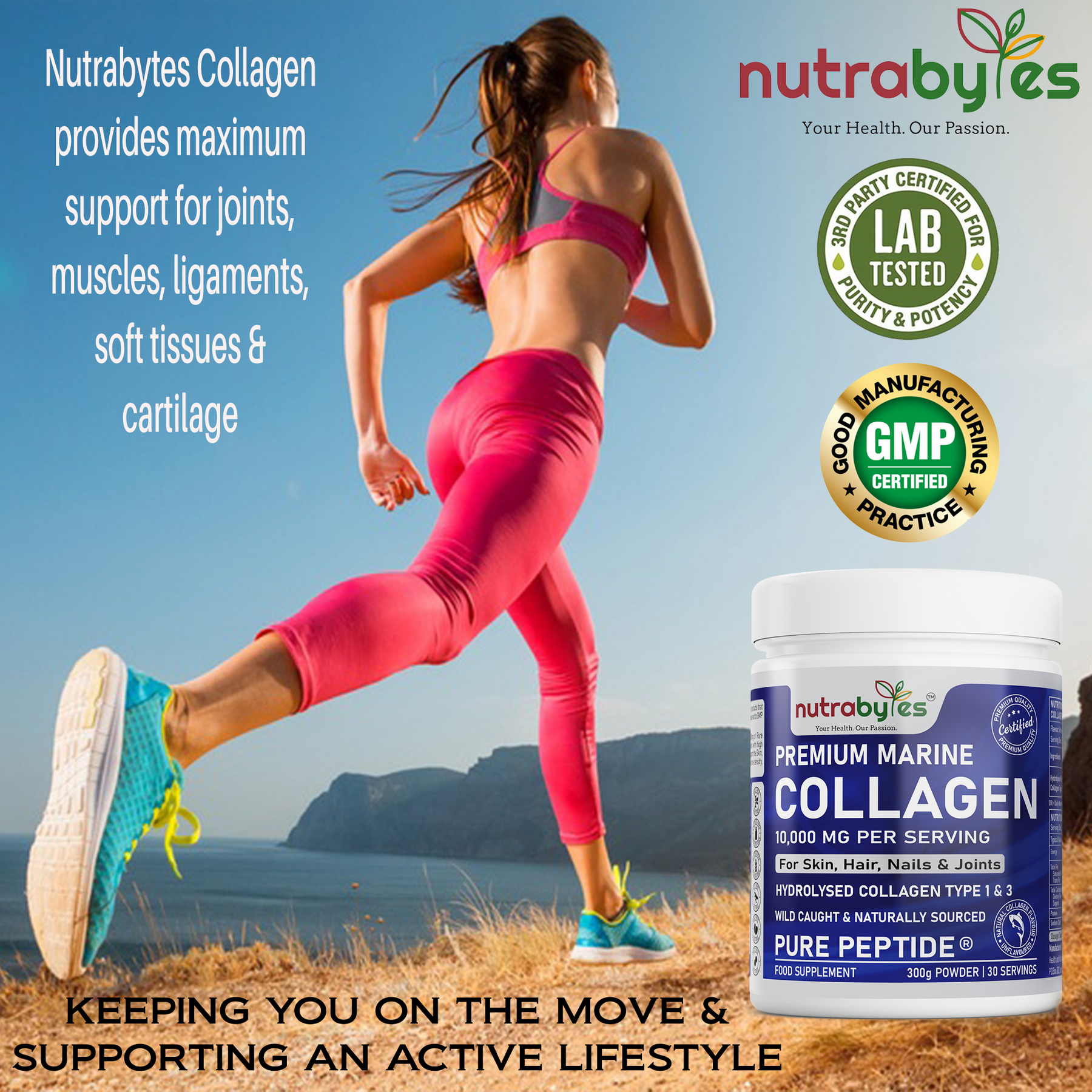 a lady running and a bottle of unflavoured marine collagen powder at the bottom of the picture.