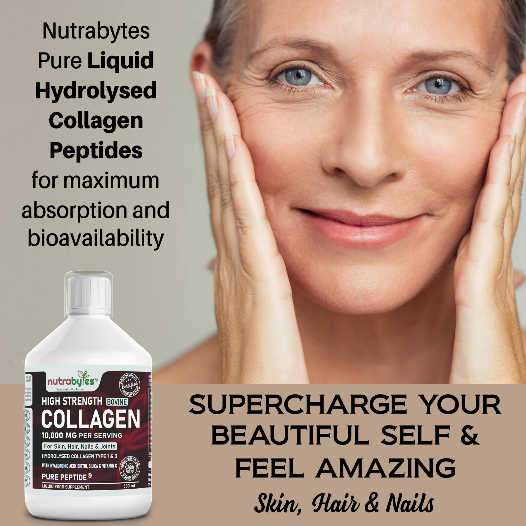 This image shows a lady with glowing skin and a bottle of high Strength bovine collagen supplements