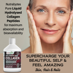 This image shows a lady with glowing skin and a bottle of high Strength bovine collagen supplements