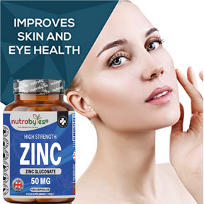 Zinc (Gluconate) 50mg | 180 Vegan Capsules | 6 Months Supply | Maximum Strength, Pure Zinc Capsules | Immune, Eye & Skin Health | Made in the UK