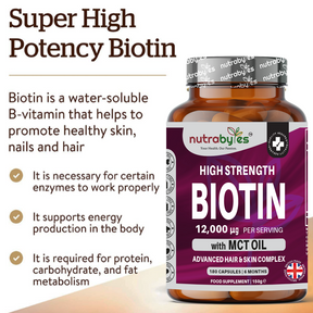 Biotina de alta resistencia 12,000 mcg con aceite MCT (coco) - 180 cápsulas (6 meses) - Cabello, piel y uñas | Hecho en el Reino Unido
