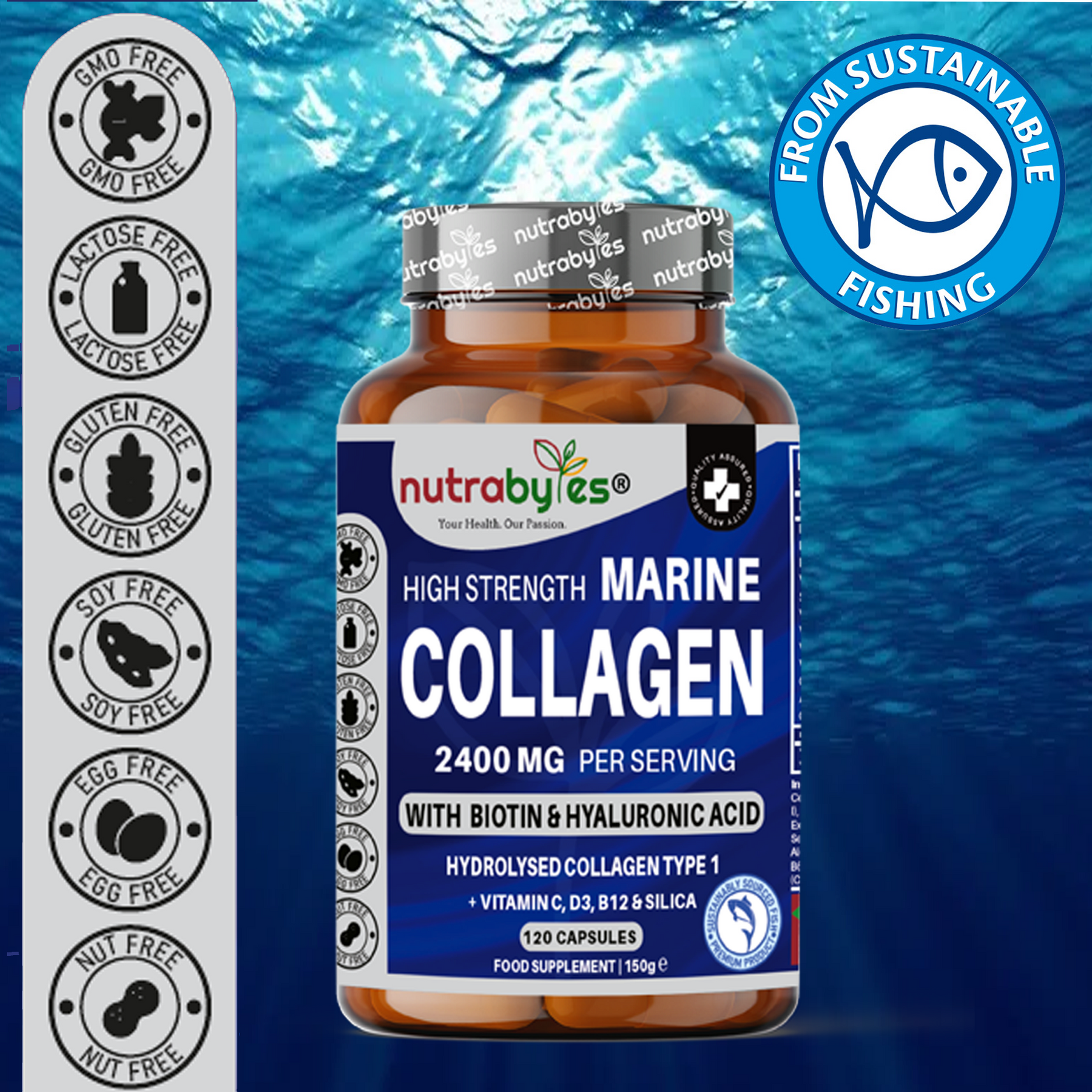 This image shows a bottle of Nutrabytes marine Collagen 2400mg Supplements and it also shows the benefits of using marine collagen supplements.