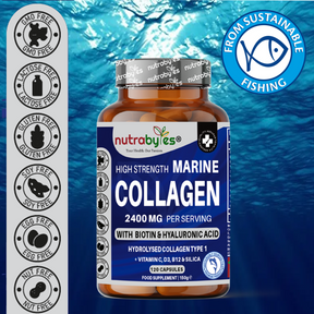 This image shows a bottle of Nutrabytes marine Collagen 2400mg Supplements and it also shows the benefits of using marine collagen supplements.