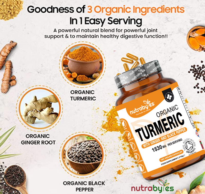 Organic Turmeric Curcumin with Ginger & BlackPepper, 1530mg, Certifie