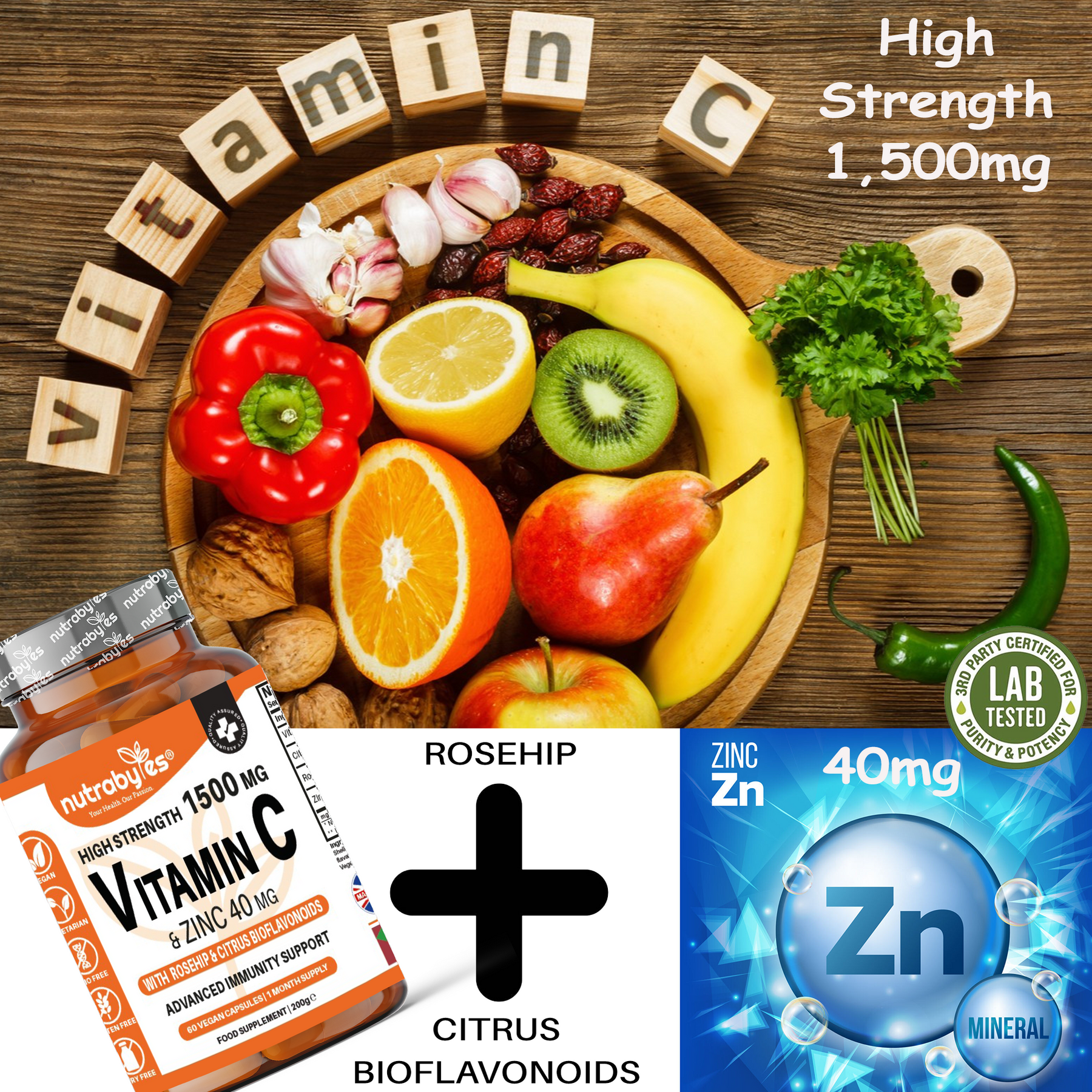 ﻿Hochdosiertes Vitamin C und Zink Kapseln | Vitamin C 1500 mg Zink 40 mg | Angereichert mit Hagebutten- und Zitrus-Bioflavonoiden | 1 Monatsvorrat