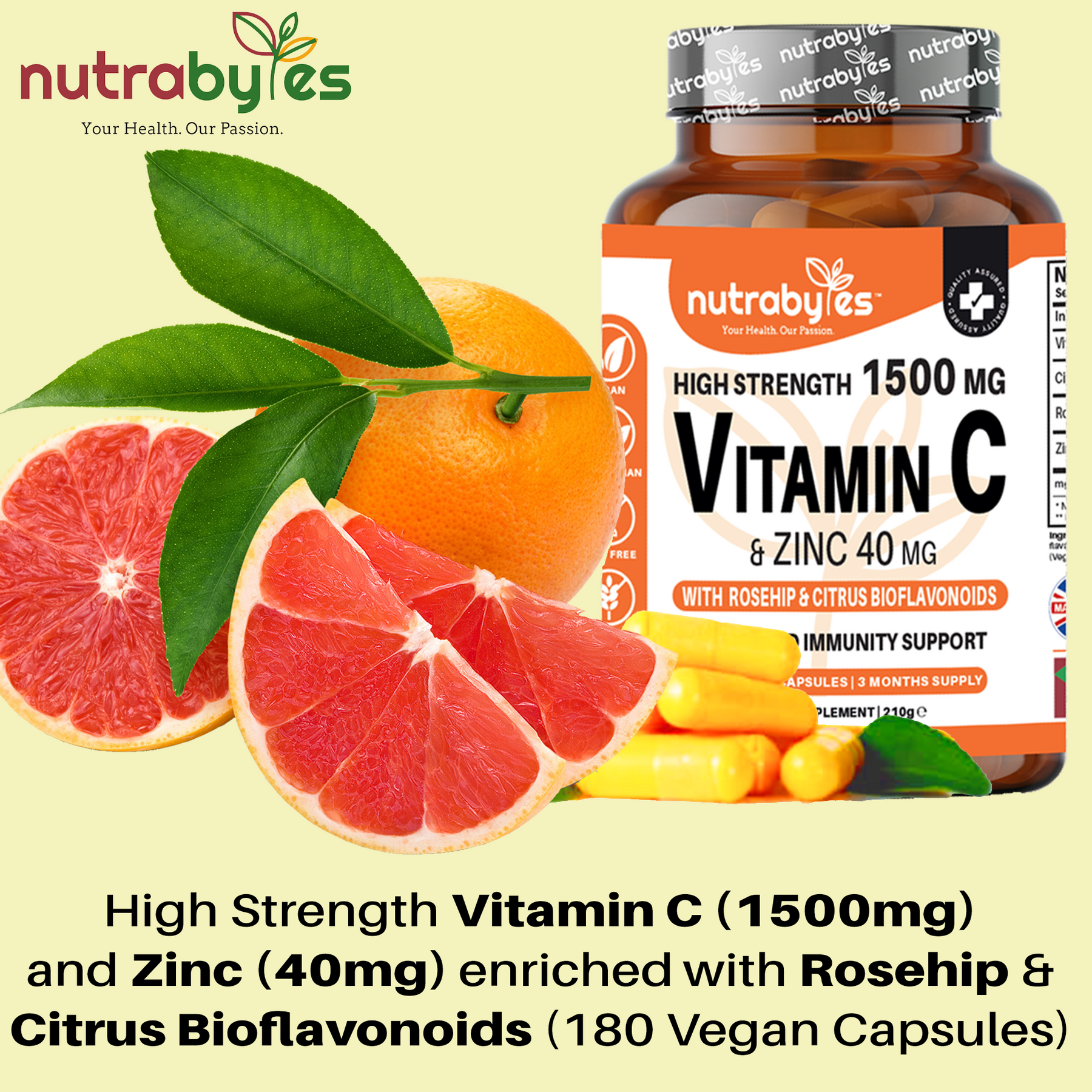Hochkonzentriertes Vitamin C mit Zink Hochkonzentrierte vegane Kapseln (Erweiterte Immunitätsunterstützung) | 3 Monate Vorrat