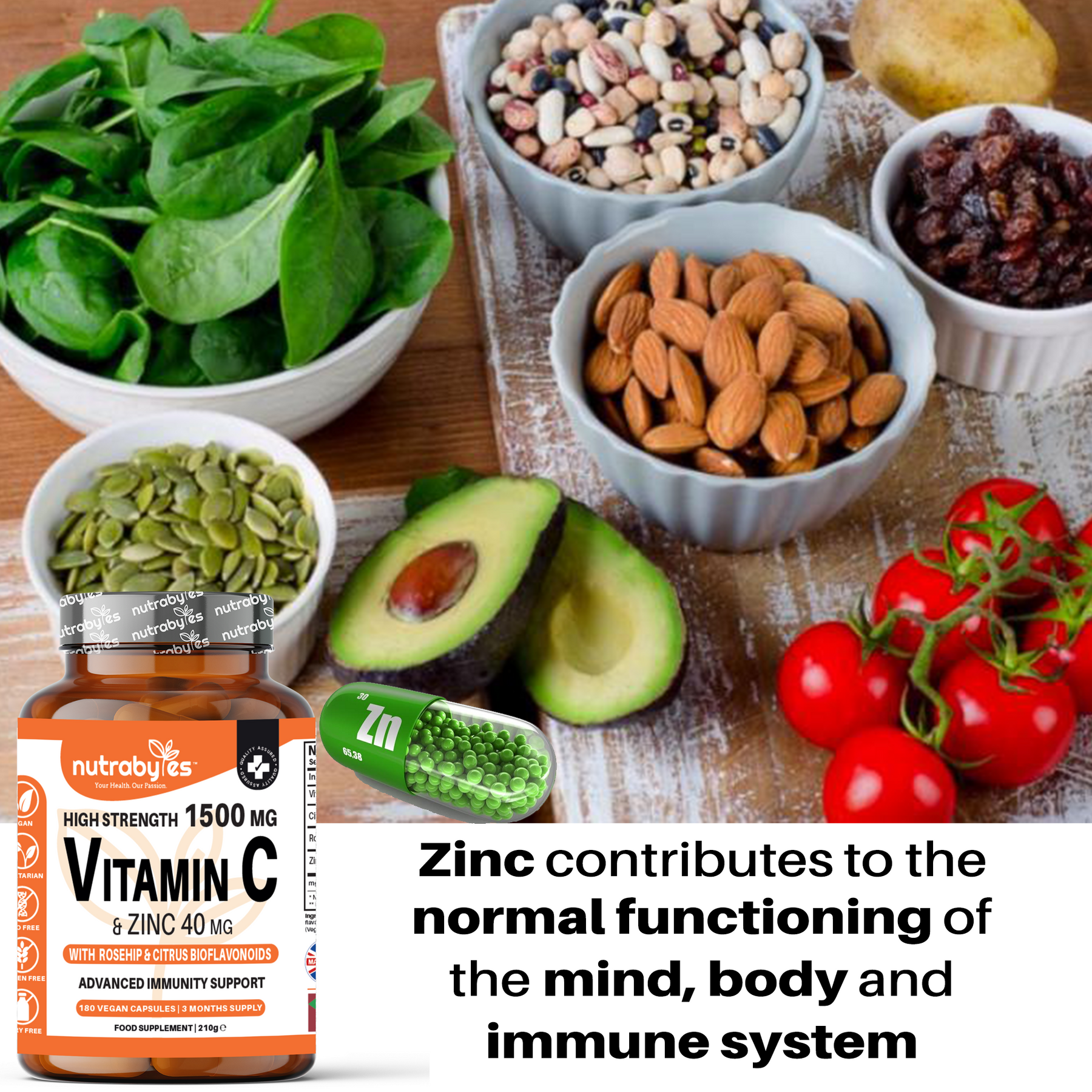 High Strength Vitamin C with Zinc High Strength Vegan Capsules (Advanced Immunity Support) | 3 Months Supply | Made in the UK
